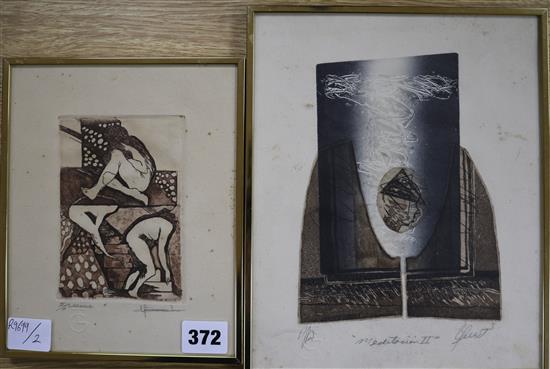 Two 20th century etching and aquatints, indistinctly signed, largest 24 x 19.5cm